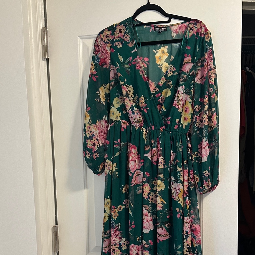Forever 21 Floral Long Sleeve Dress - Green and Pink
